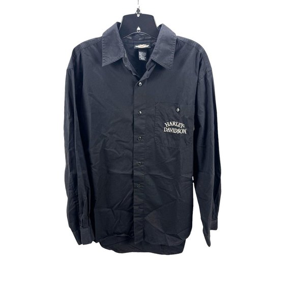 Harley-Davidson Black Long-Sleeve Button-Up Shirt Embroidered Logo Cotton M Goth - Picture 1 of 9